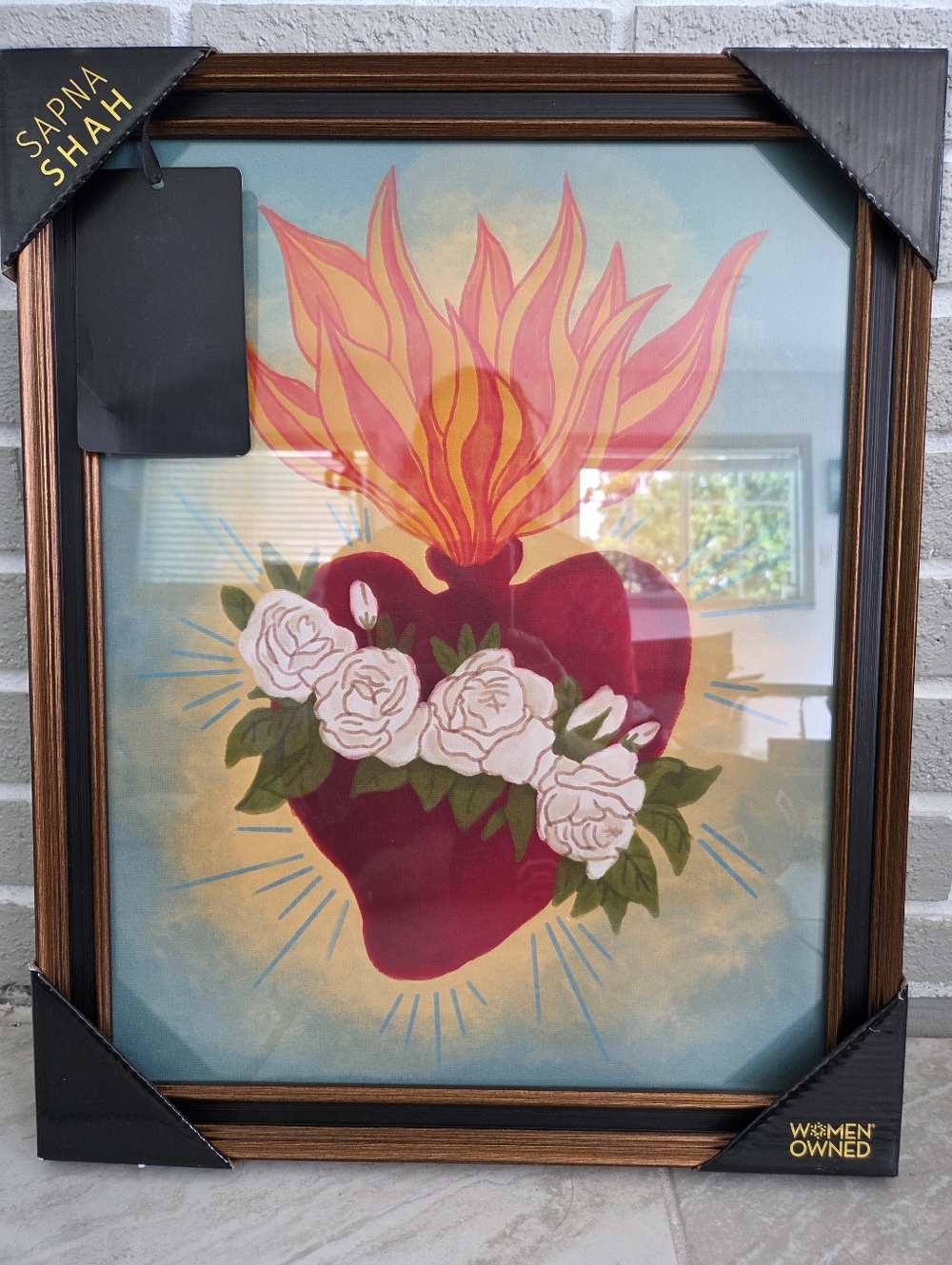 NIP Sapna Shah 22" X 20" Burning Heart Bouquet Wall Heart Flaming Sacred Heart